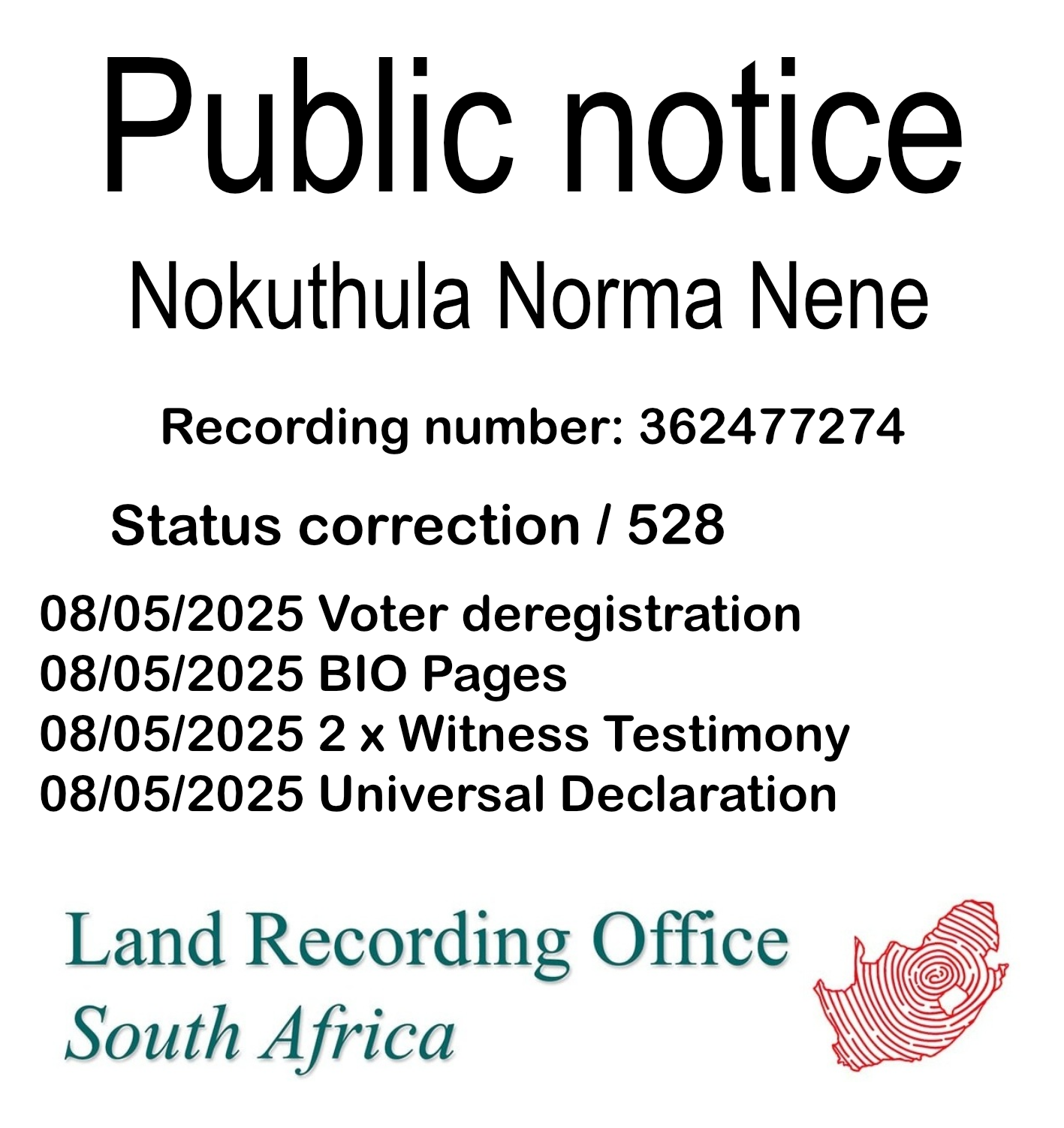 Public Notice Nokuthula Norma Nene (c) Recording number 362477274